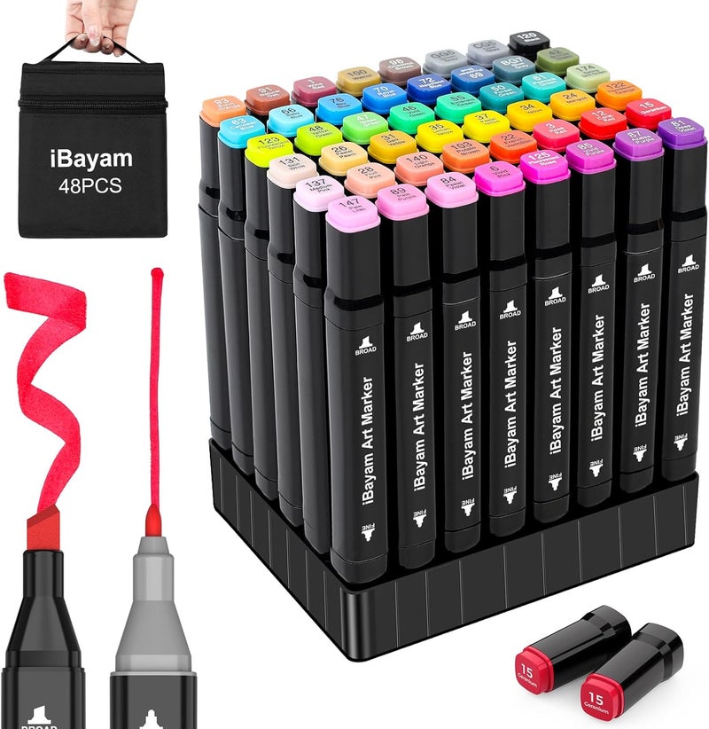iBayam Alcohol Markers 48 Colors with Case & Holders, Dual Tips Chisel & Fine Art Markers for Adult Coloring Kids Drawing - Image 1